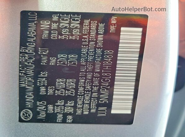 5NMP24GL8TH184818 2026 HYUNDAI SANTA Silver Widok naklejki z numerem VIN