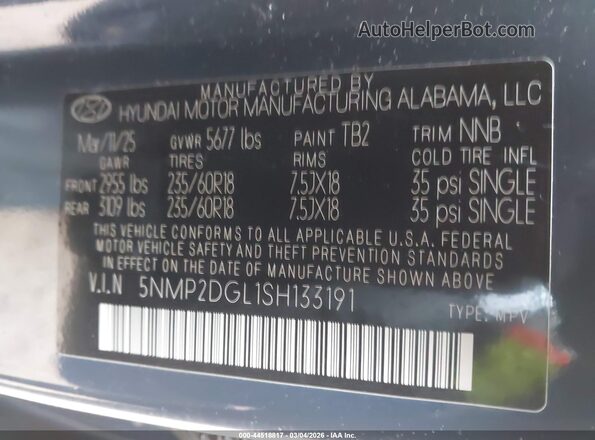 5NMP2DGL1SH133191 2025 HYUNDAI SANTA FE Синий Вид подкапотного пространства