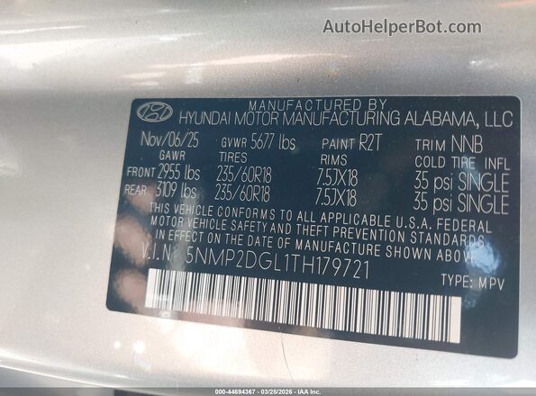 5NMP2DGL1TH179721 2026 HYUNDAI SANTA FE Gray Vista del compartimento del motor
