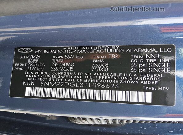 5NMP2DGL8TH196693 2026 HYUNDAI SANTA Blue Widok naklejki z numerem VIN