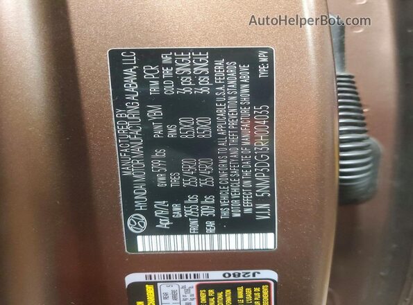 5NMP3DG13RH004035 2024 HYUNDAI SANTA Brown Вид наклейки з VIN-кодом