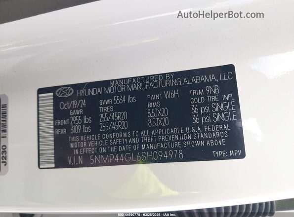 5NMP44GL6SH094978 2025 HYUNDAI SANTA FE White ძრავის განყოფილების ხედი