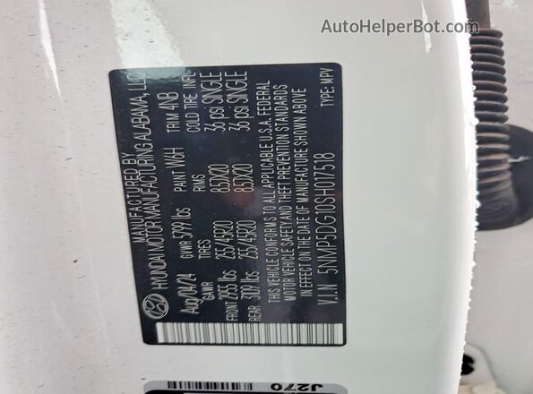5NMP5DG10SH017518 2025 HYUNDAI SANTA Белый Вид наклейки с VIN-кодом