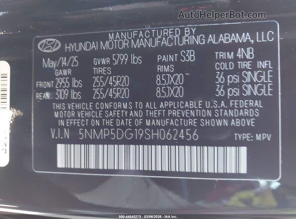 5NMP5DG19SH062456 2025 HYUNDAI SANTA FE HYBRID Черный Вид подкапотного пространства