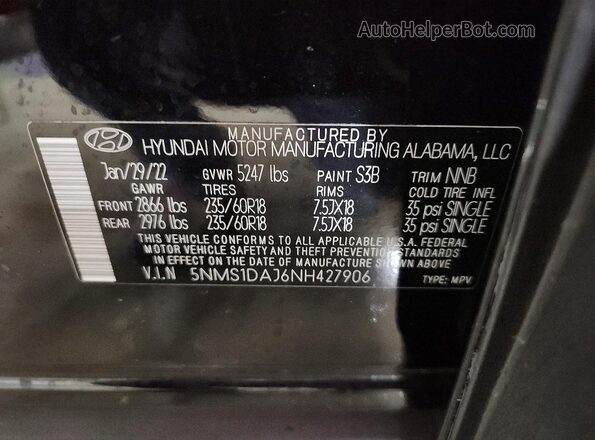 5NMS1DAJ6NH427906 2022 HYUNDAI SANTA Черный Вид наклейки с VIN-кодом