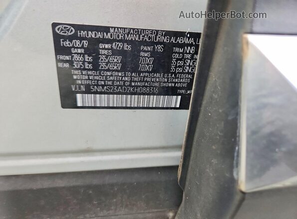 5NMS23AD2KH088316 2019 HYUNDAI SANTA Серебряный Панорамный вид салона 360°