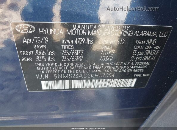 5NMS23AD2KH117054 2019 HYUNDAI SANTA FE Синий Вид подкапотного пространства