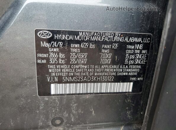 5NMS23AD3KH130122 2019 HYUNDAI SANTA Серый Вид наклейки с VIN-кодом
