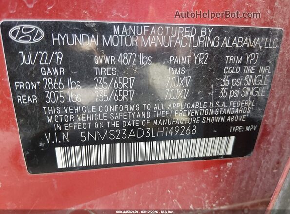 5NMS23AD3LH149268 2020 HYUNDAI SANTA FE Red Widok komory silnika