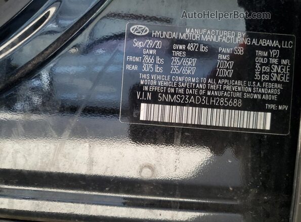 5NMS23AD3LH285688 2020 HYUNDAI SANTA Черный Вид наклейки с VIN-кодом