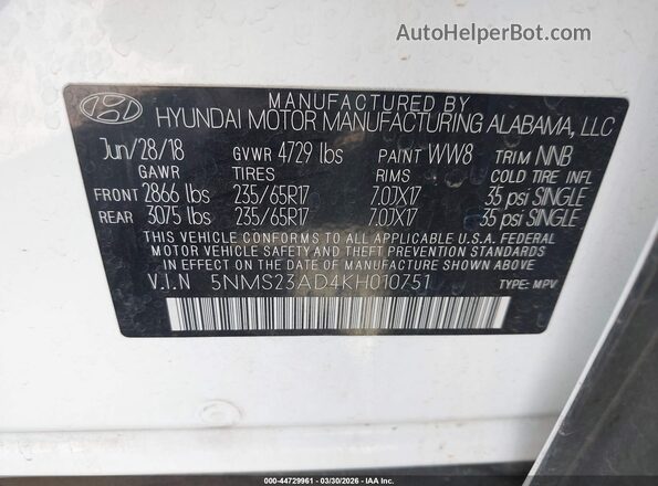 5NMS23AD4KH010751 2019 HYUNDAI SANTA FE Белый Вид подкапотного пространства