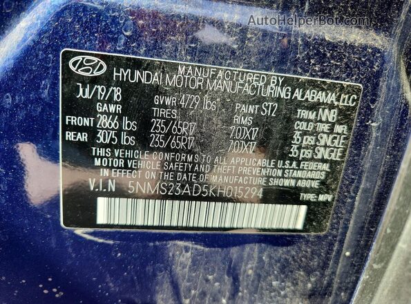 5NMS23AD5KH015294 2019 HYUNDAI SANTA Blue VIN sticker view