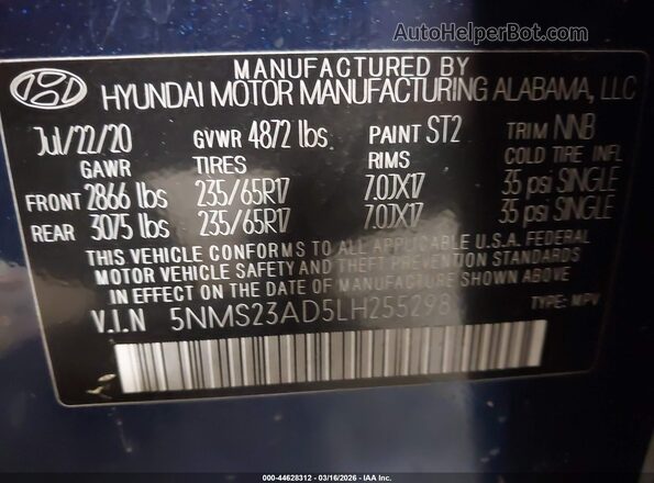 5NMS23AD5LH255298 2020 HYUNDAI SANTA FE Синий Вид подкапотного пространства