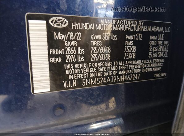 5NMS24AJ9NH467247 2022 HYUNDAI SANTA FE Синий Вид подкапотного пространства