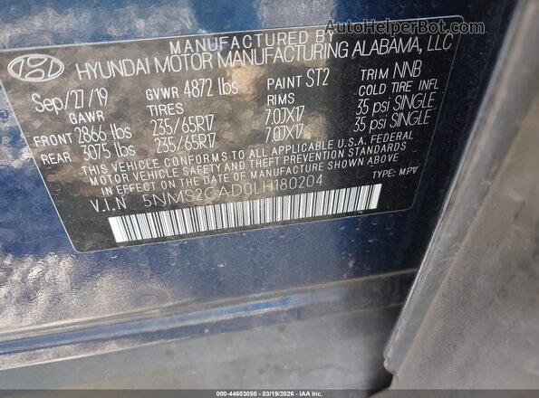 5NMS2CAD0LH180204 2020 HYUNDAI SANTA FE Синий Вид подкапотного пространства
