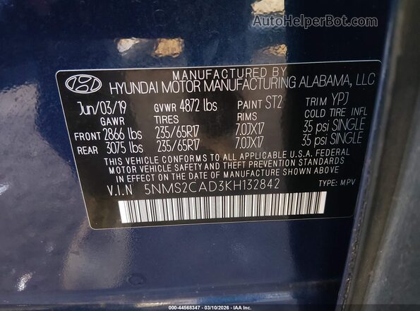 5NMS2CAD3KH132842 2019 HYUNDAI SANTA FE Синий Вид подкапотного пространства