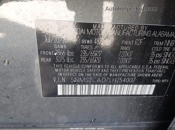 5NMS2CAD7LH254007 2020 HYUNDAI SANTA FE Gray Widok komory silnika