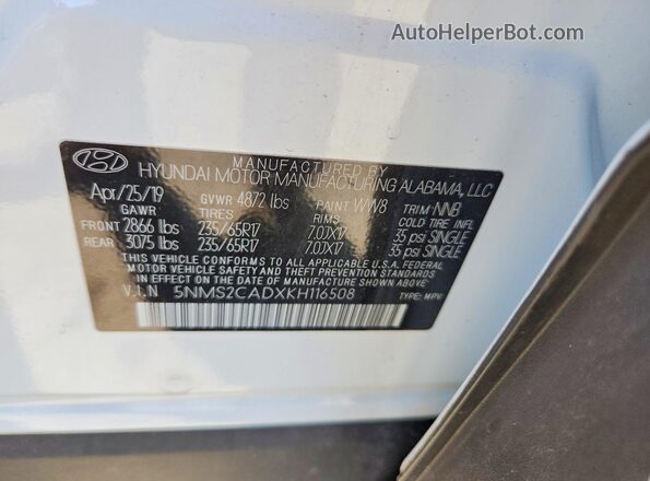 5NMS2CADXKH116508 2019 HYUNDAI SANTA Белый Вид подкапотного пространства