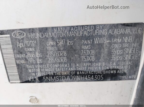 5NMS2DAJ9NH454305 2022 HYUNDAI SANTA FE White Вид підкапотного простору