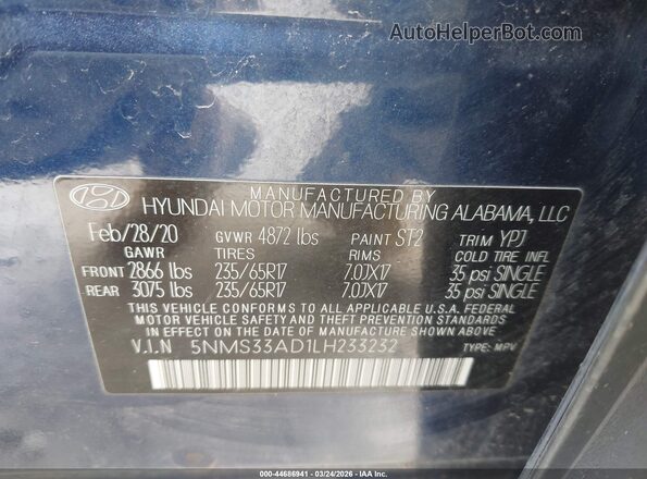 5NMS33AD1LH233232 2020 HYUNDAI SANTA FE Blue Widok komory silnika