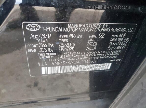 5NMS33AD4LH166626 2020 HYUNDAI SANTA Черный Вид наклейки с VIN-кодом