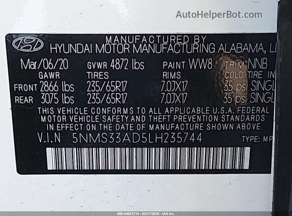 5NMS33AD5LH235744 2020 HYUNDAI SANTA FE White ძრავის განყოფილების ხედი