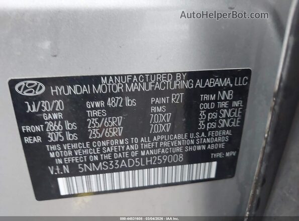 5NMS33AD5LH259008 2020 HYUNDAI SANTA FE Silver Vista del compartimento del motor