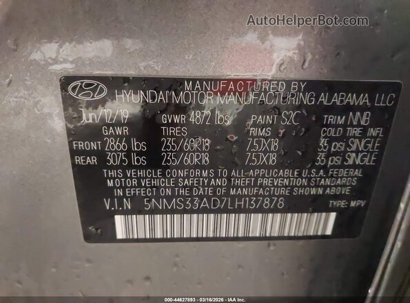 5NMS33AD7LH137878 2020 HYUNDAI SANTA FE Серый Вид подкапотного пространства