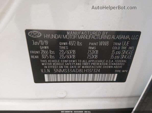 5NMS33AD8LH137324 2020 HYUNDAI SANTA FE Белый Вид подкапотного пространства