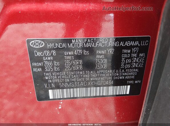 5NMS33ADXKH070434 2019 HYUNDAI SANTA FE Красный Вид подкапотного пространства