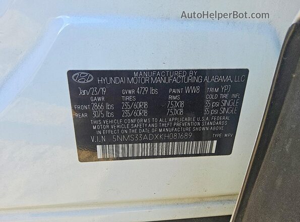 5NMS33ADXKH081689 2019 HYUNDAI SANTA Белый Вид подкапотного пространства