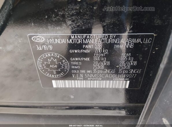 5NMS3CAD0LH149077 2020 HYUNDAI SANTA FE Черный Вид подкапотного пространства