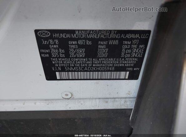 5NMS3CAD2KH005948 2019 HYUNDAI SANTA FE Белый Вид подкапотного пространства
