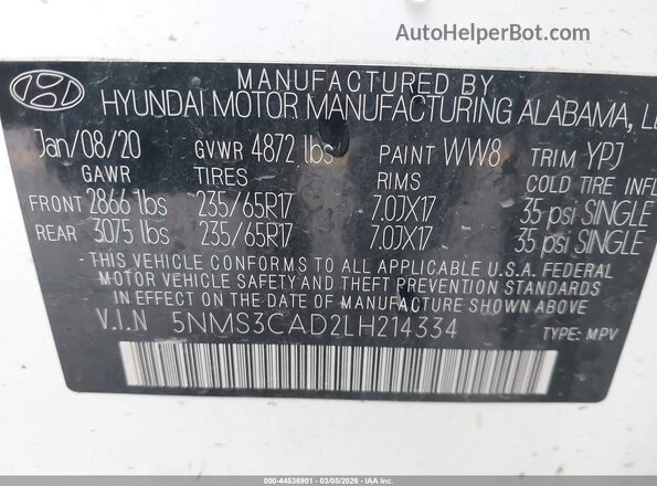 5NMS3CAD2LH214334 2020 HYUNDAI SANTA FE White Widok komory silnika