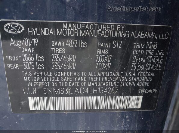 5NMS3CAD4LH154282 2020 HYUNDAI SANTA FE Blue ძრავის განყოფილების ხედი