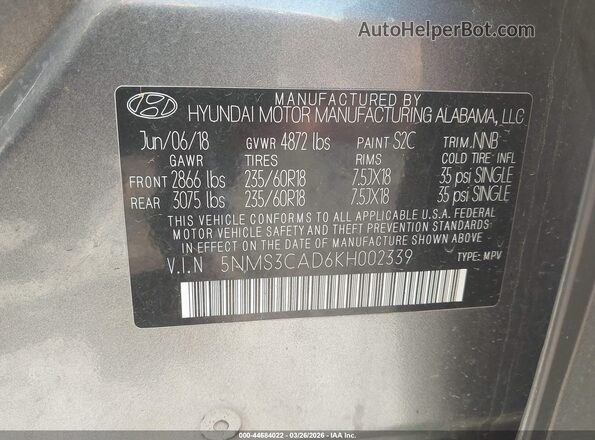 5NMS3CAD6KH002339 2019 HYUNDAI SANTA FE Gray Widok komory silnika