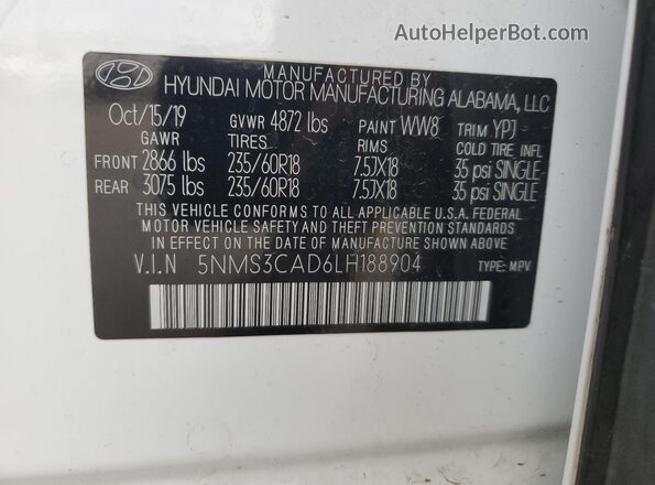 5NMS3CAD6LH188904 2020 HYUNDAI SANTA Белый Вид наклейки с VIN-кодом