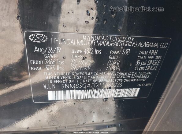 5NMS3CADXLH165223 2020 HYUNDAI SANTA FE Черный Вид подкапотного пространства