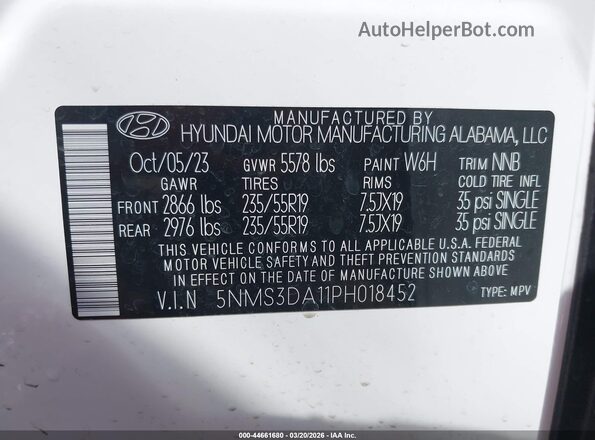 5NMS3DA11PH018452 2023 HYUNDAI SANTA FE HYBRID White Vista del compartimento del motor