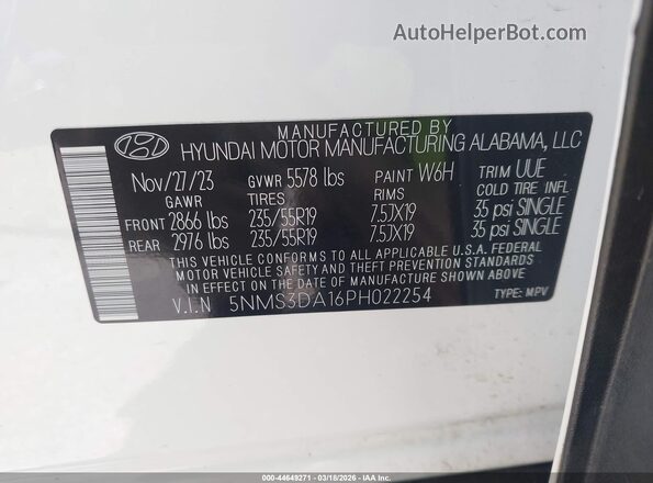 5NMS3DA16PH022254 2023 HYUNDAI SANTA FE HYBRID Белый Вид подкапотного пространства