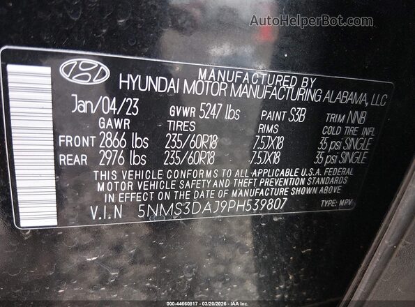 5NMS3DAJ9PH539807 2023 HYUNDAI SANTA FE Черный Вид подкапотного пространства