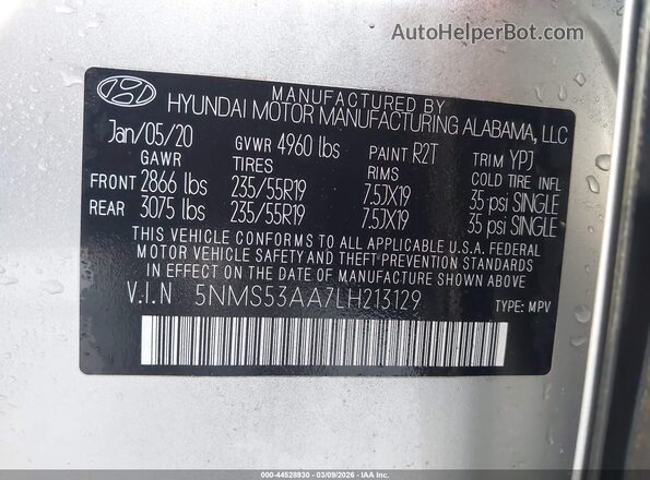 5NMS53AA7LH213129 2020 HYUNDAI SANTA FE Silver Вид підкапотного простору
