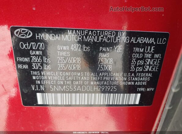 5NMS53AD0LH291925 2020 HYUNDAI SANTA FE Red Vista del compartimento del motor