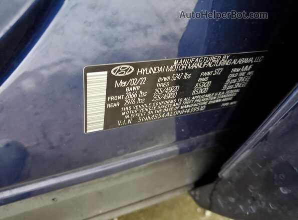 5NMS54AL0NH439510 2022 HYUNDAI SANTA FE CALLIGRAPHY Blue VIN კოდის სტიკერის ხედი