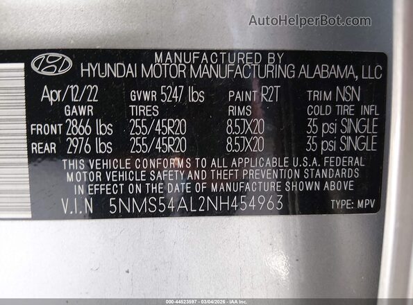 5NMS54AL2NH454963 2022 HYUNDAI SANTA FE CALLIGRAPHY Silver ძრავის განყოფილების ხედი