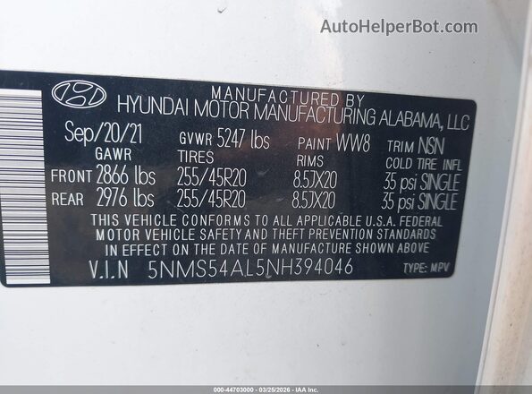 5NMS54AL5NH394046 2022 HYUNDAI SANTA FE CALLIGRAPHY White ძრავის განყოფილების ხედი