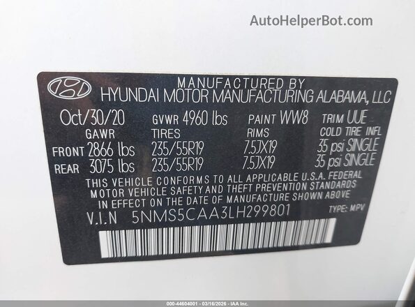 5NMS5CAA3LH299801 2020 HYUNDAI SANTA FE Белый Вид подкапотного пространства