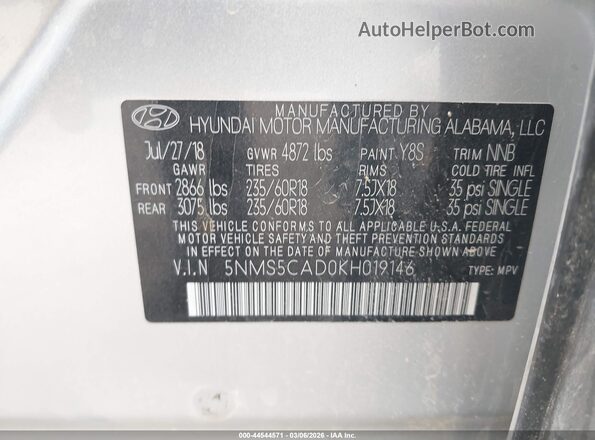 5NMS5CAD0KH019146 2019 HYUNDAI SANTA FE Серебряный Вид подкапотного пространства