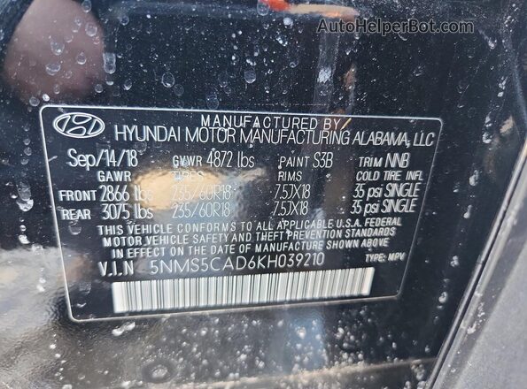 5NMS5CAD6KH039210 2019 HYUNDAI SANTA Black Widok wnętrza 360 stopni