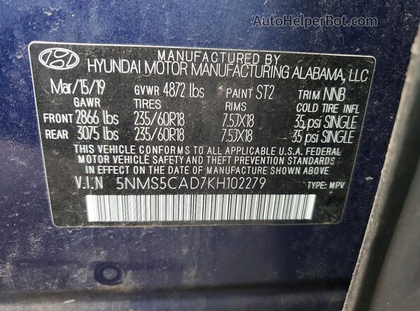 5NMS5CAD7KH102279 2019 HYUNDAI SANTA Синий Панорамный вид салона 360°